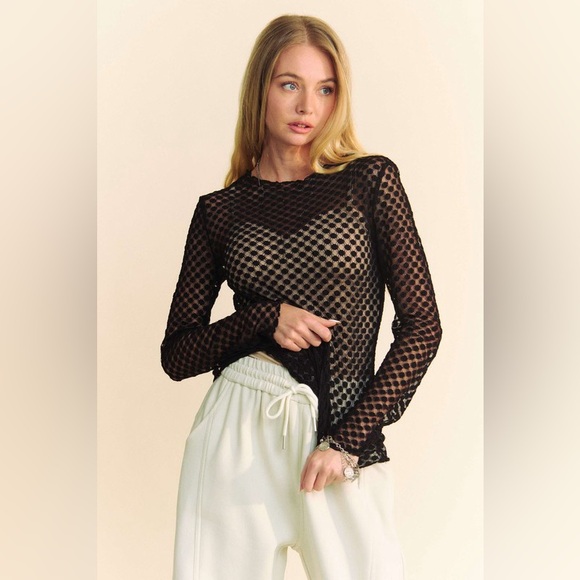 🟠 121B. Dotted Lace Mesh Long Sleeve - Black - Picture 7 of 12